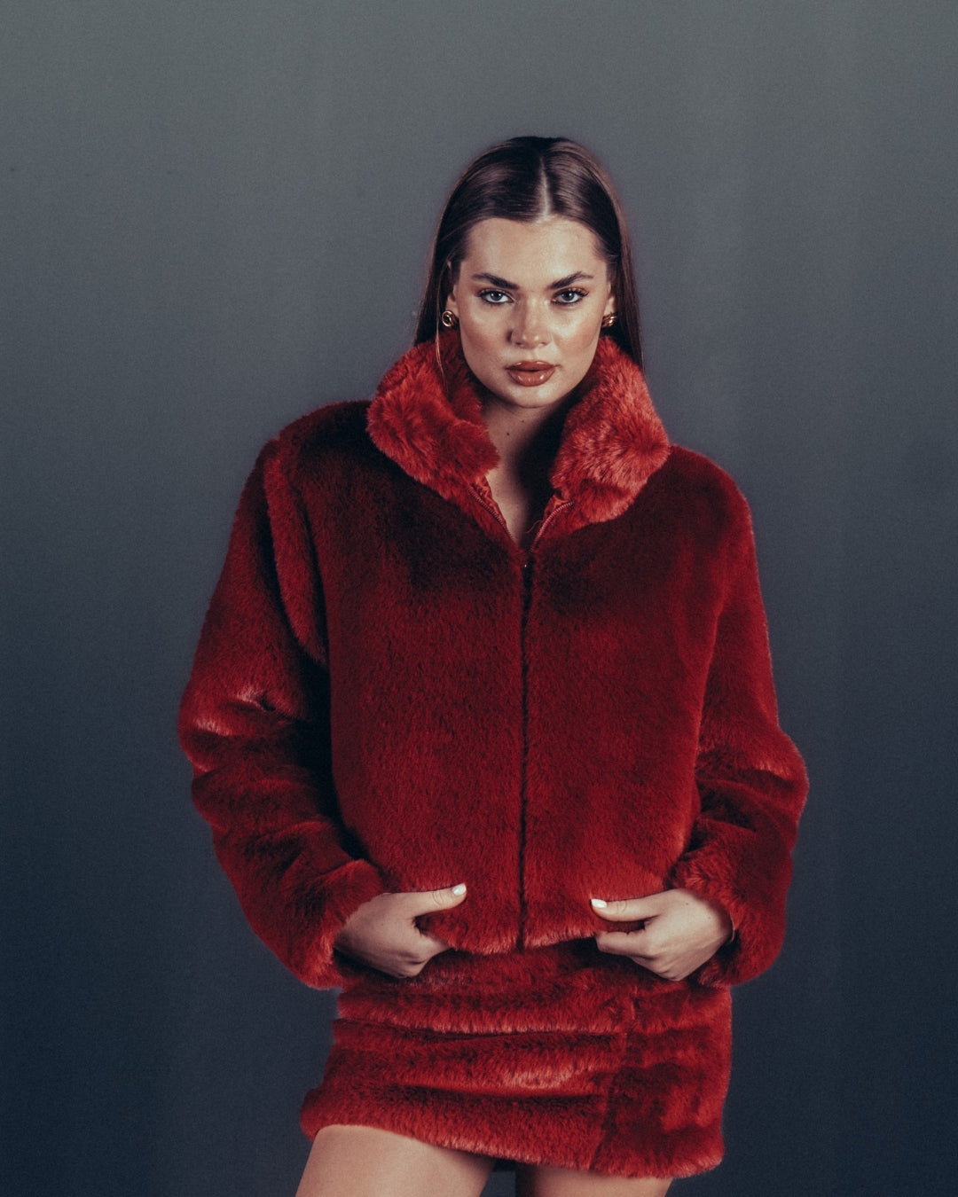 DEEP BURGENDY CROPPED FUR JACKET