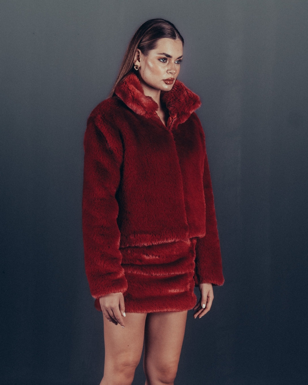 DEEP BURGENDY CROPPED FUR JACKET