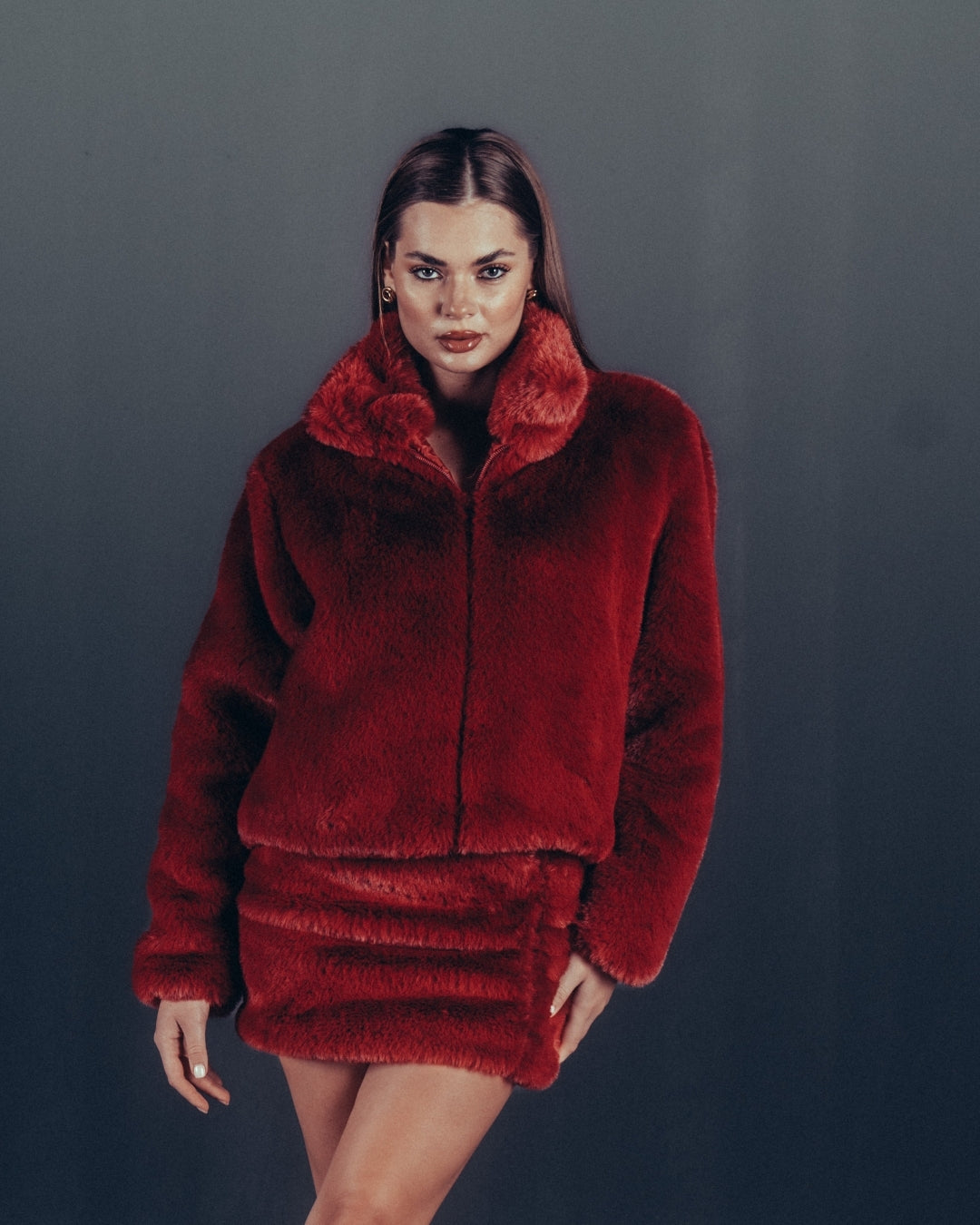 DEEP BURGENDY CROPPED FUR JACKET
